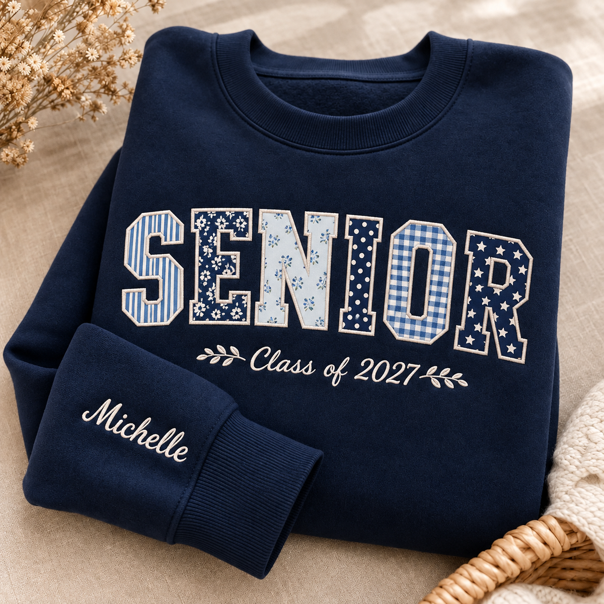 Personalized Senior Varsity Applique Sweatshirt - Name Sleeve Graduation Crewneck