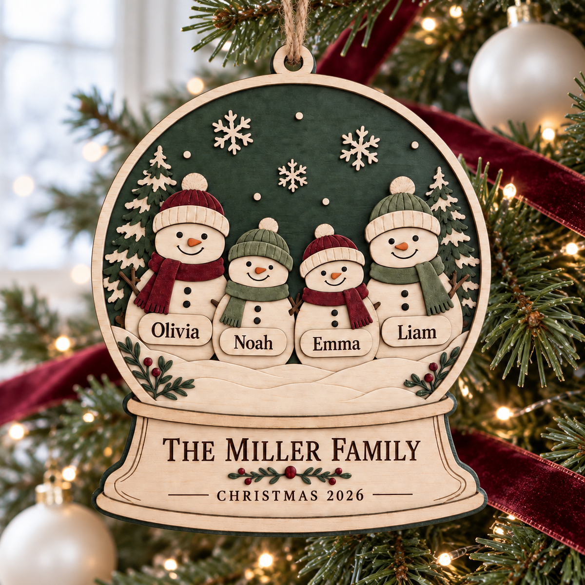 Personalized Snowman Family Ornament - Custom Names Wooden Snow Globe