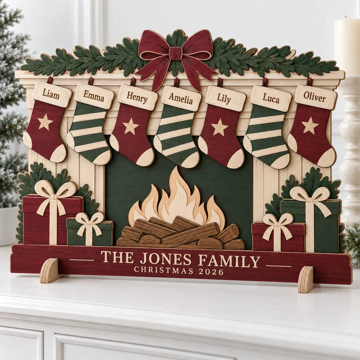 Personalized Family Stocking Fireplace Sign - Custom Names Wooden Christmas Tabletop Decor