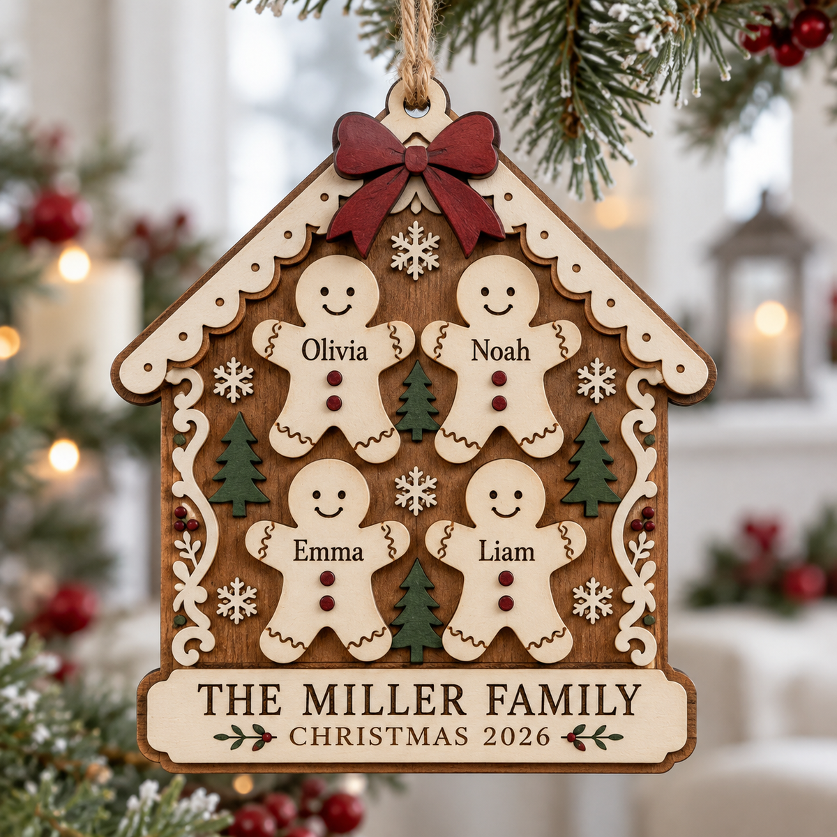 Personalized Gingerbread House Family Ornament - Custom Names Wooden Christmas Keepsake