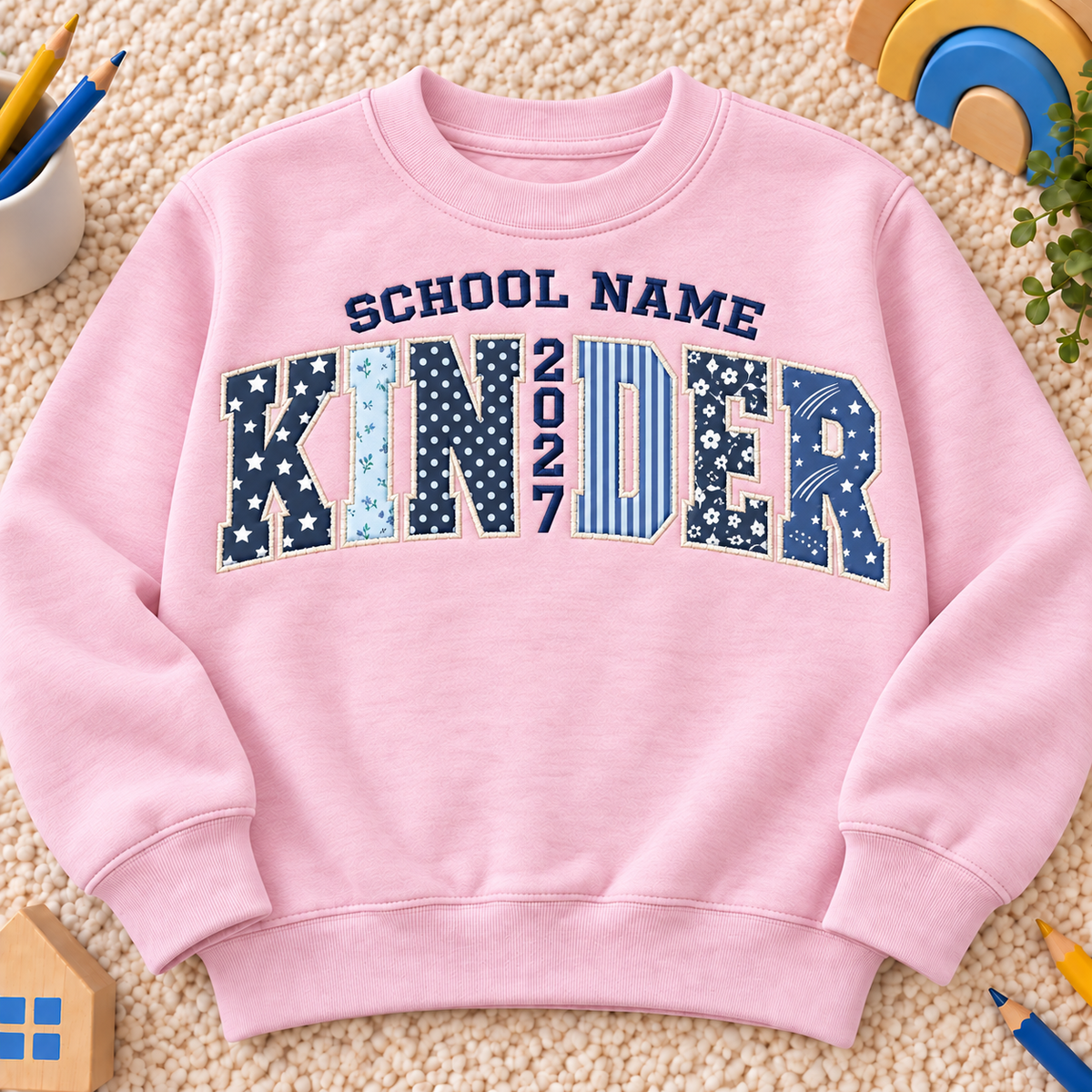 Personalized Kids School Sweatshirt – Custom School Name & Year Patchwork Appliqué Crewneck