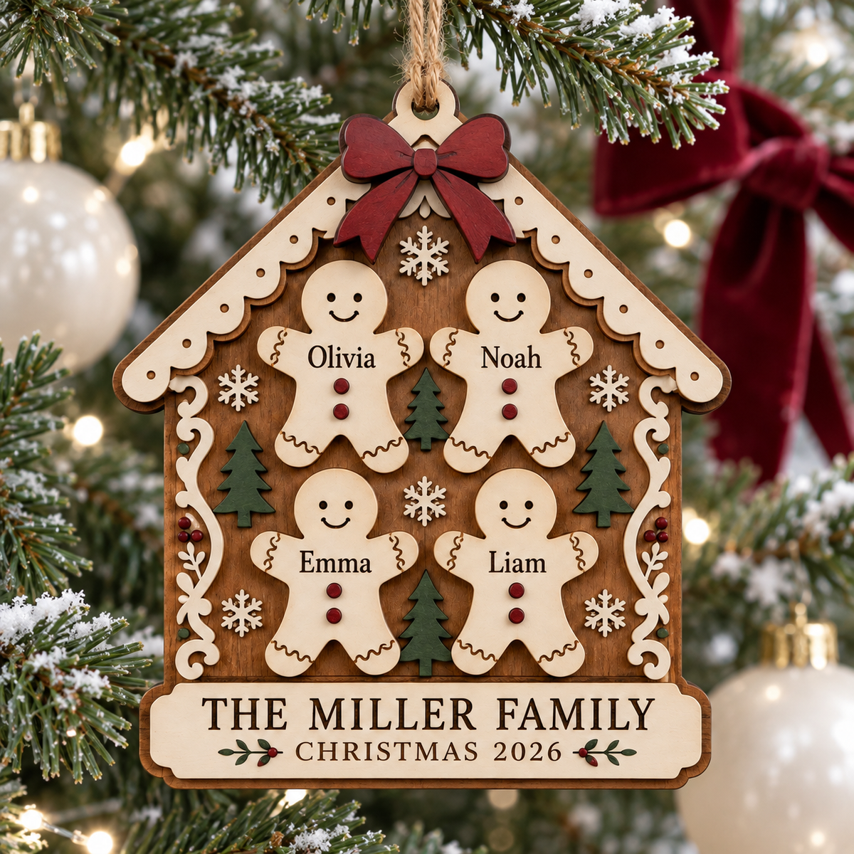 Personalized Gingerbread House Family Ornament - Custom Names Wooden Christmas Keepsake