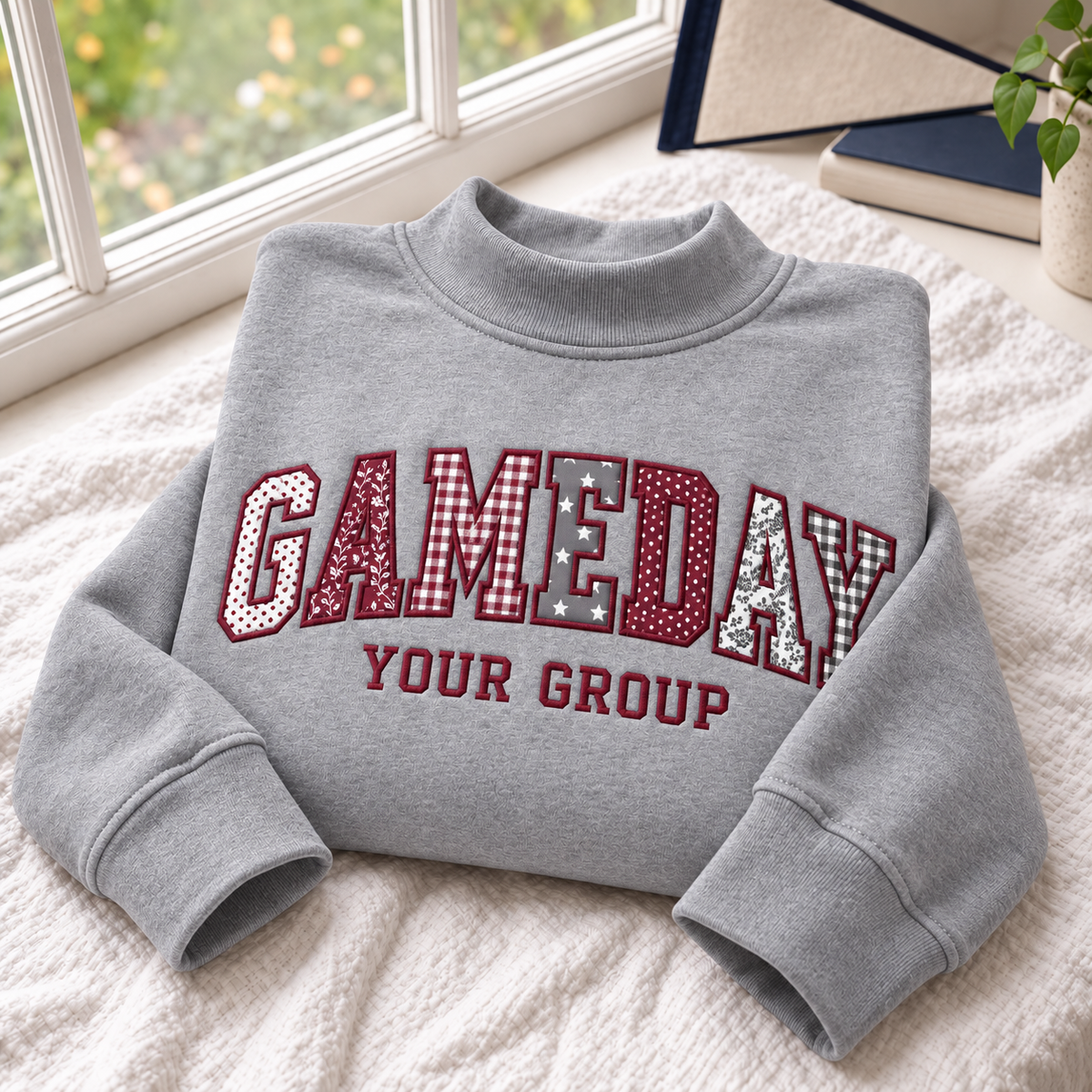Personalized Gameday Sweatshirt – Custom Team Name Gingham Appliqué Varsity Sweater