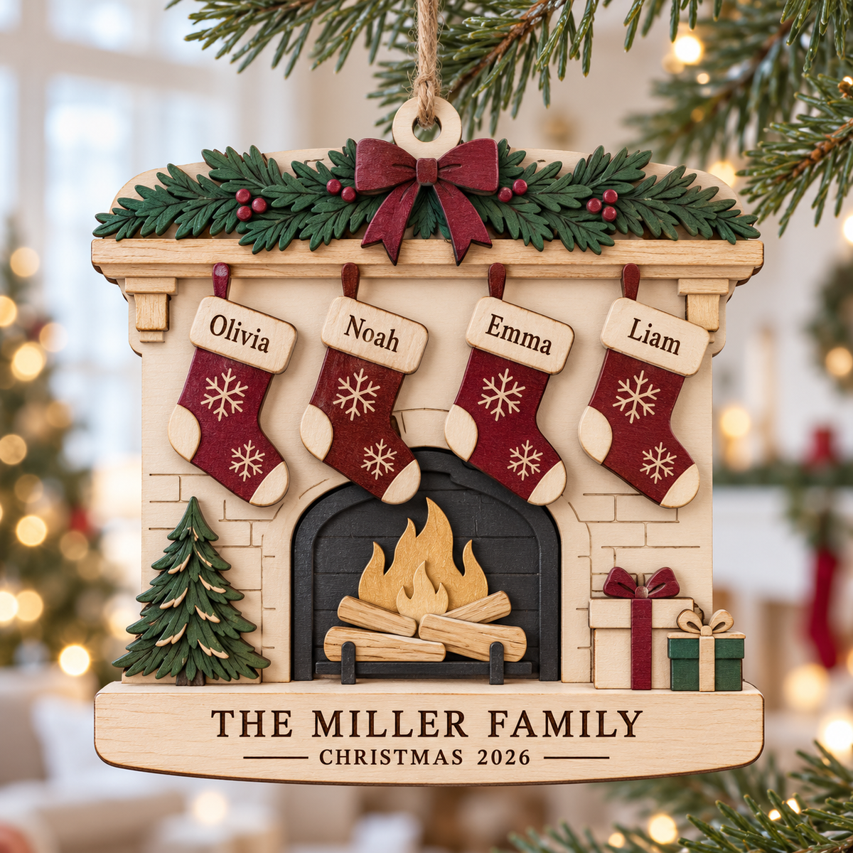 Personalized Family Fireplace Ornament - Custom Stocking Names