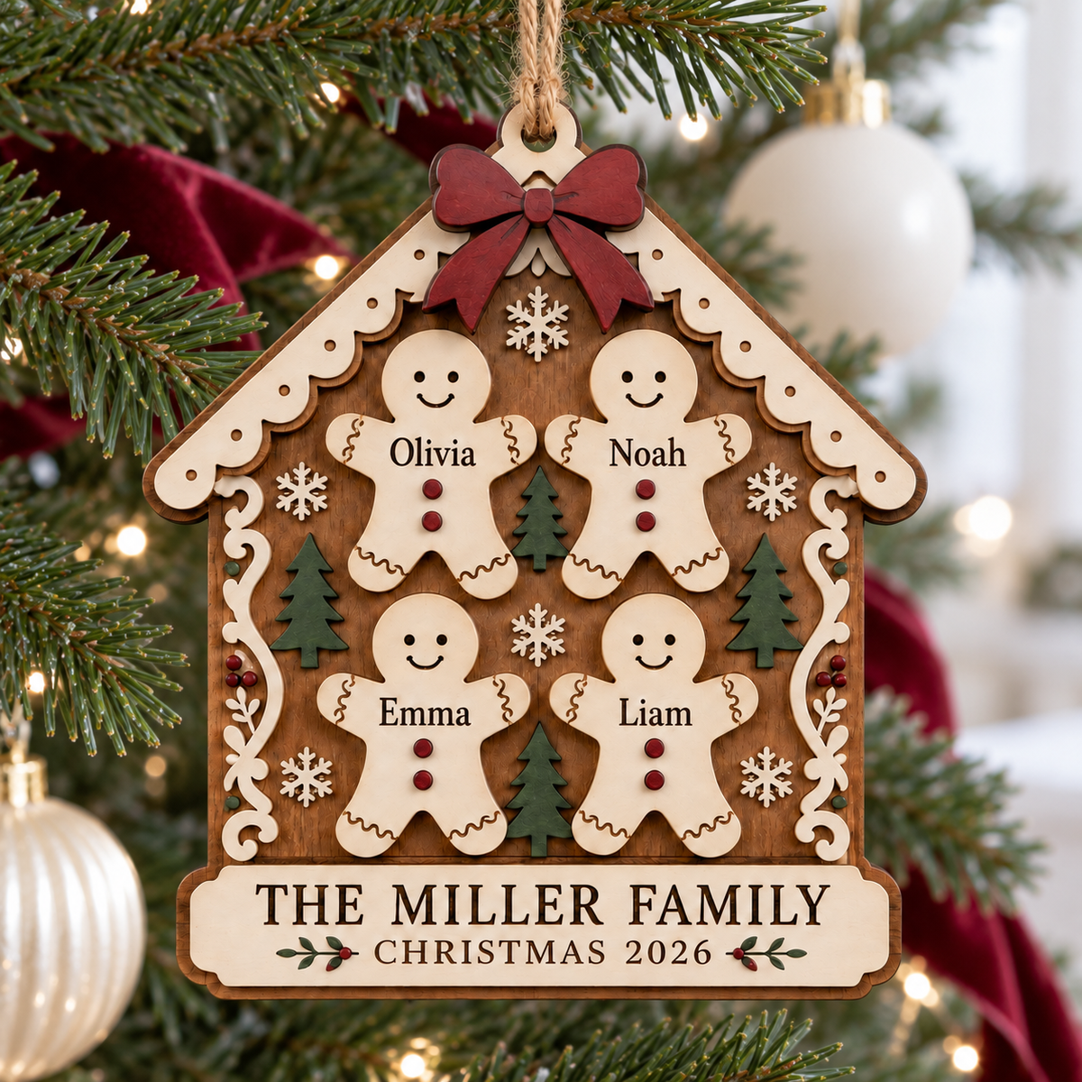 Personalized Gingerbread House Family Ornament - Custom Names Wooden Christmas Keepsake