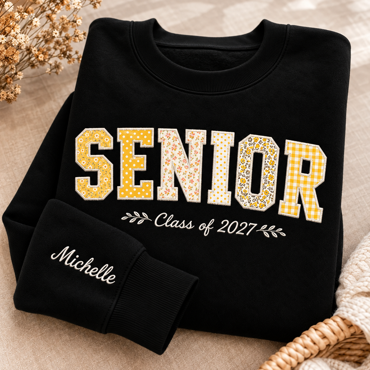 Personalized Senior Varsity Applique Sweatshirt - Name Sleeve Graduation Crewneck