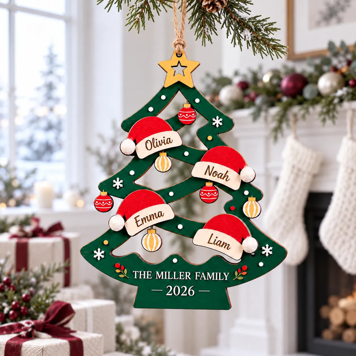 Personalized Family Christmas Tree Ornament - Custom Santa Hat Names