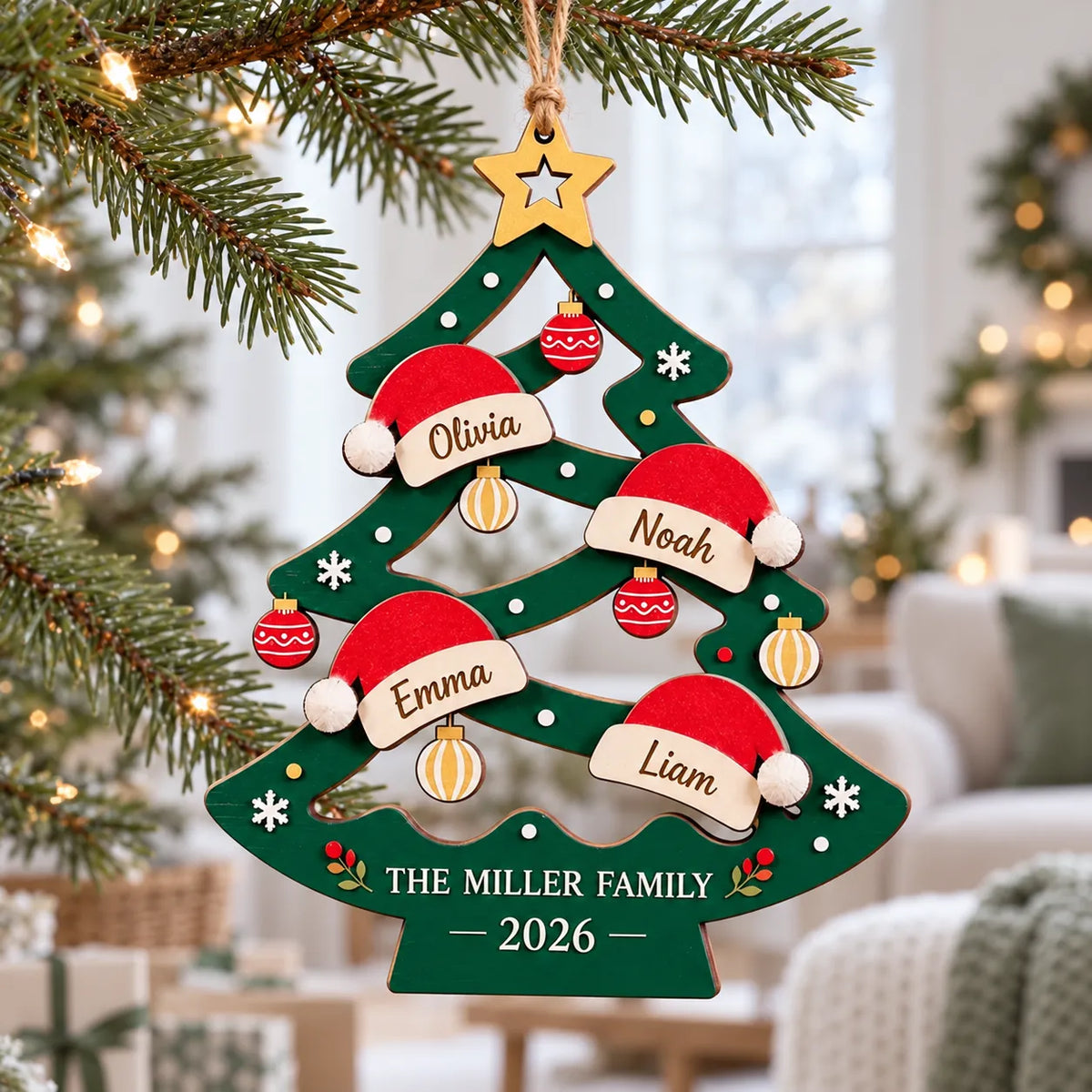 Personalized Family Christmas Tree Ornament - Custom Santa Hat Names
