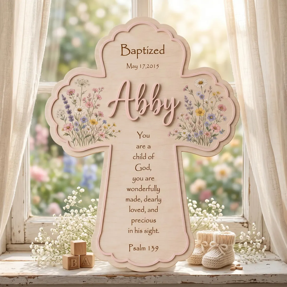 Personalized Floral Baptism Cross detail