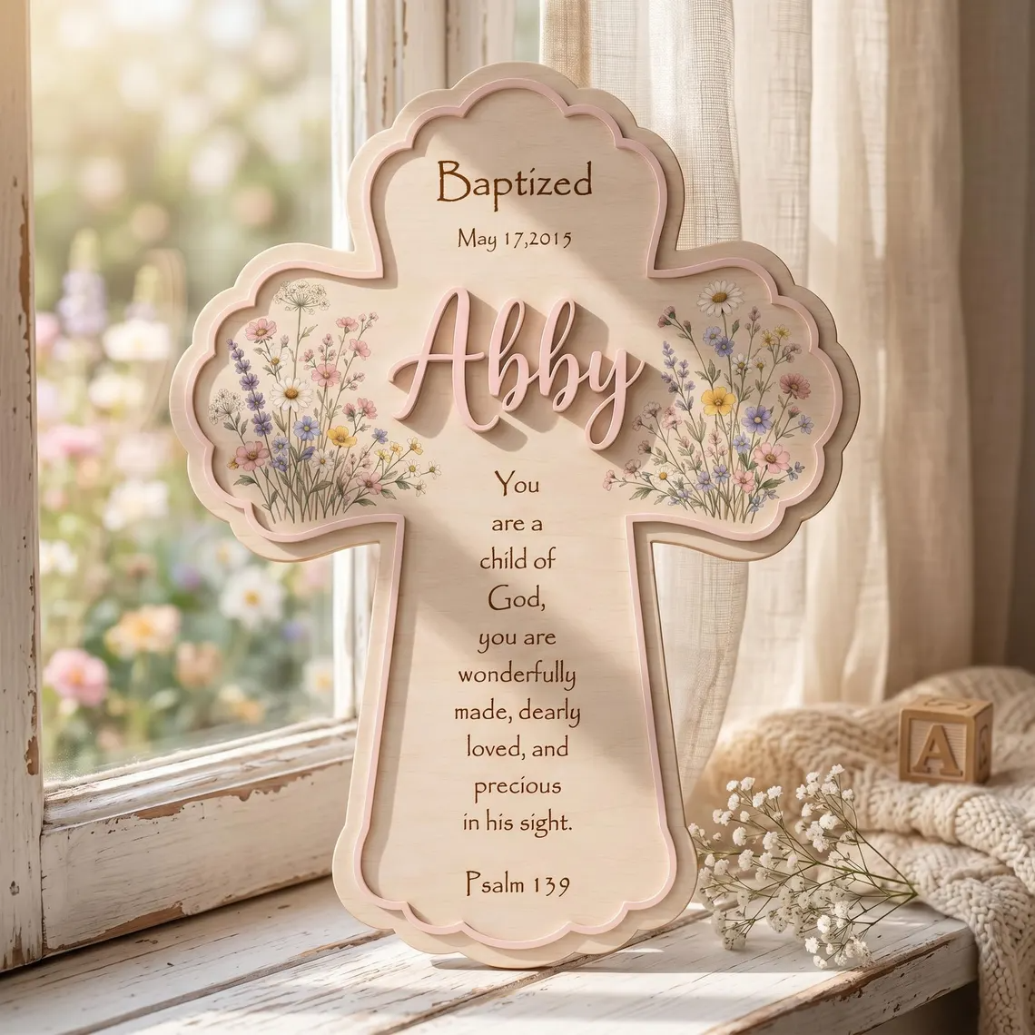 Personalized Floral Baptism Cross design detail