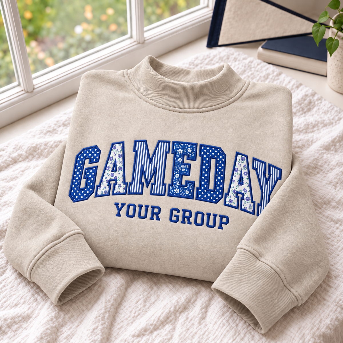 Personalized Gameday Sweatshirt – Custom Team Name Gingham Appliqué Varsity Sweater