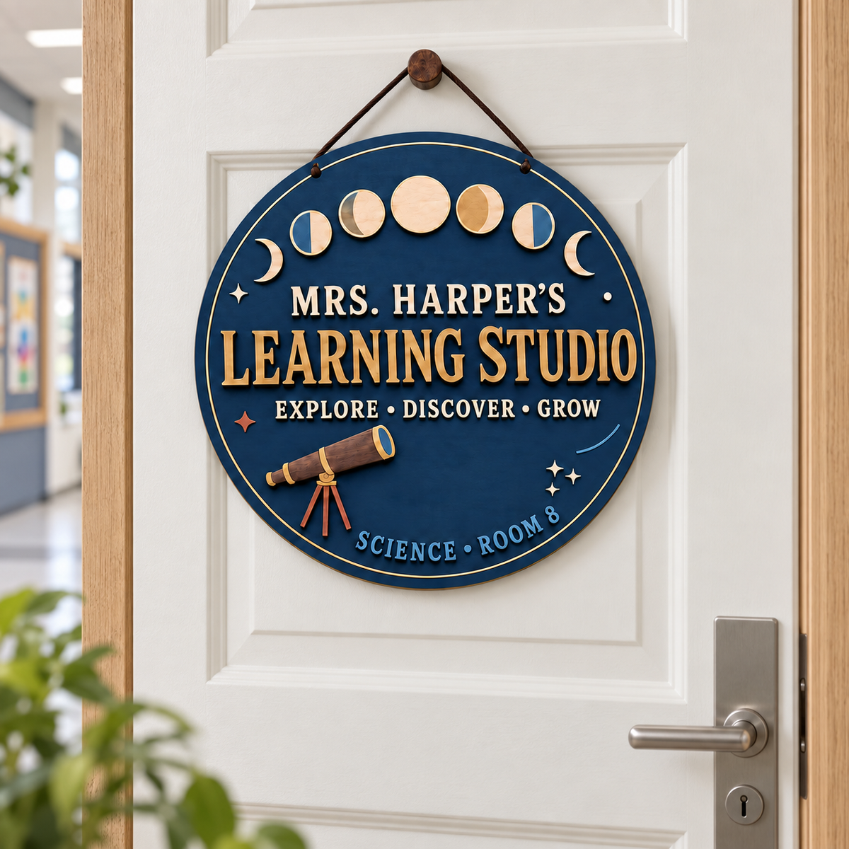 Personalized Moon Phase Classroom Sign - Wooden Teacher Door Hanger
