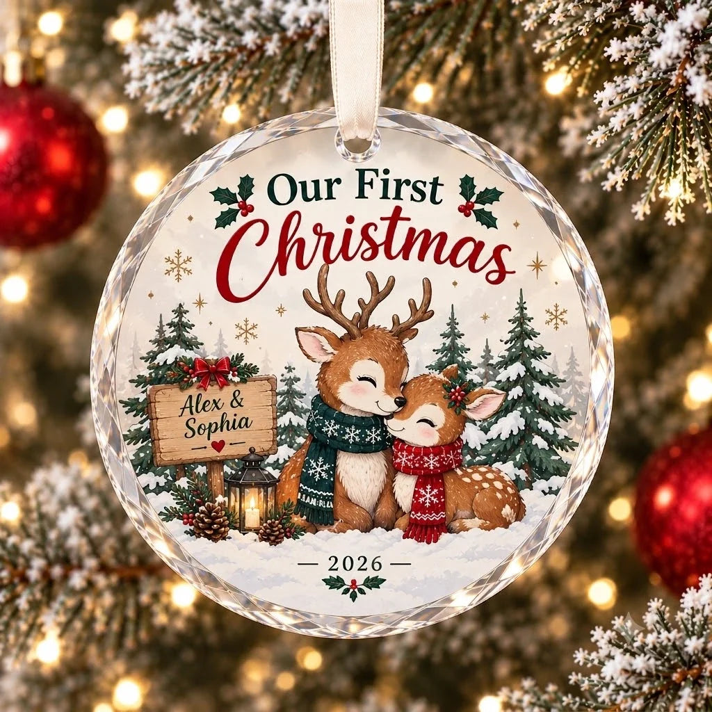 Custom Reindeer Couple Christmas Ornament - Personalized Name Crystal Glass