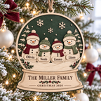 Personalized Snowman Family Ornament - Custom Names Wooden Snow Globe