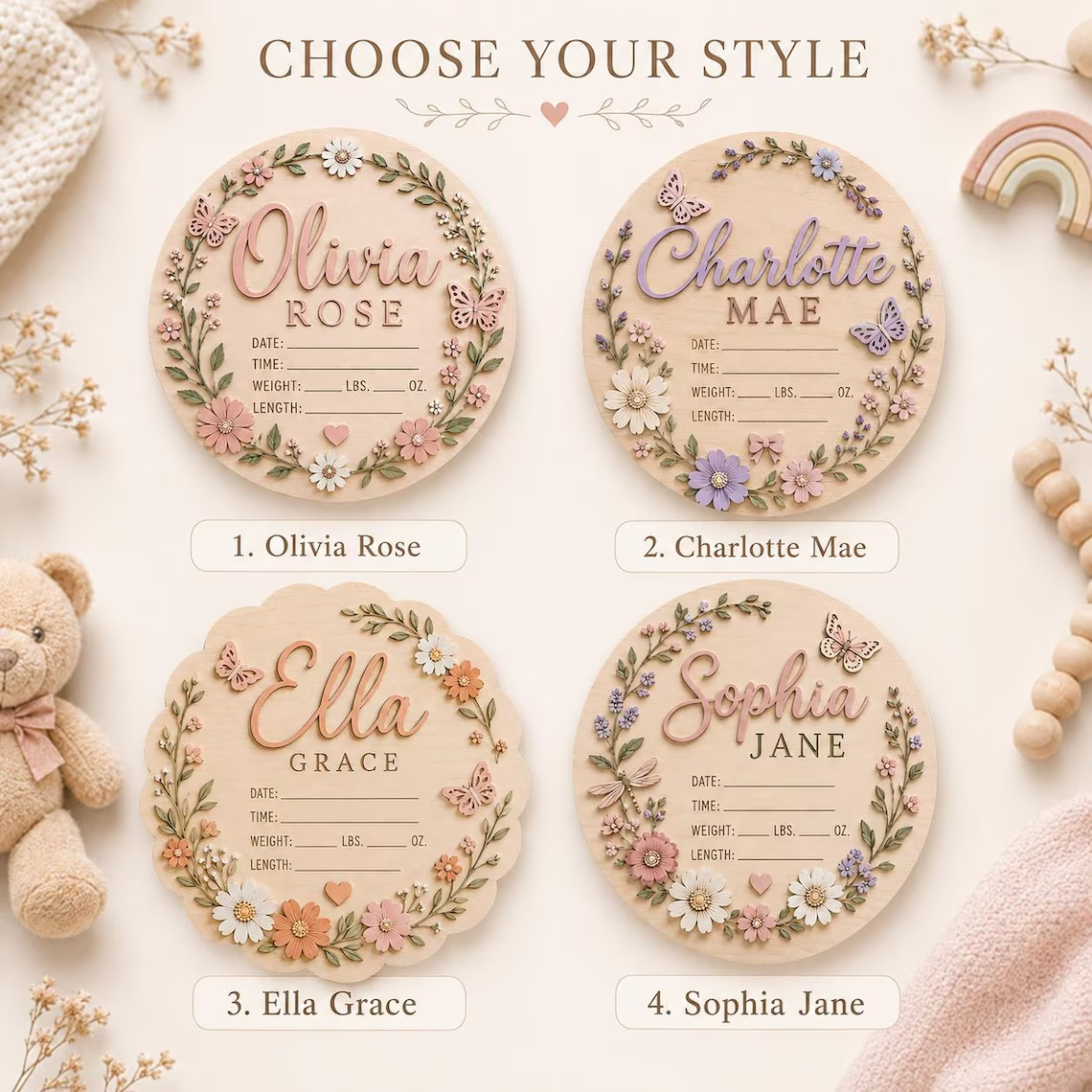 Personalized Floral Baby Announcement for nursery decor