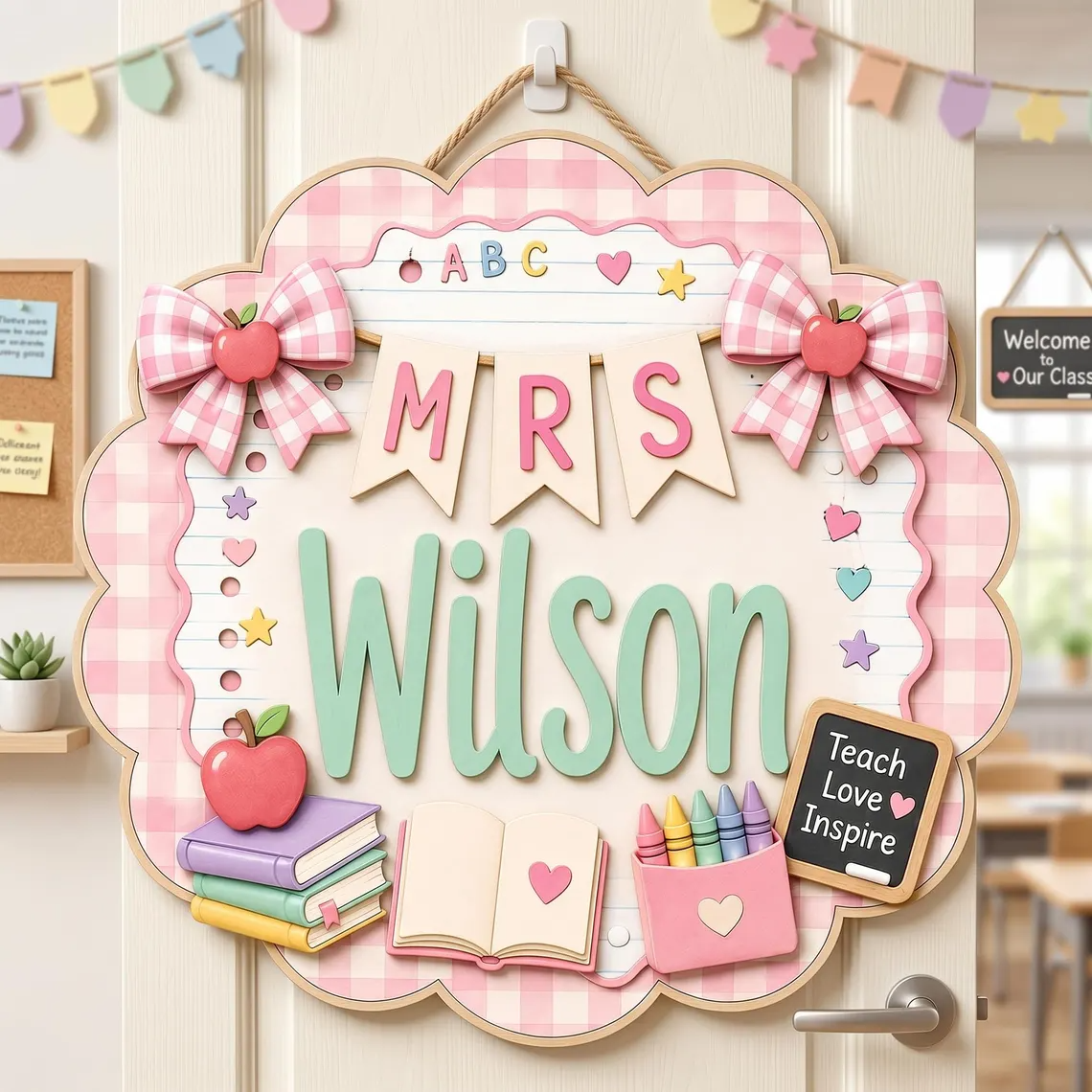 Personalized Gingham Teacher Sign detail