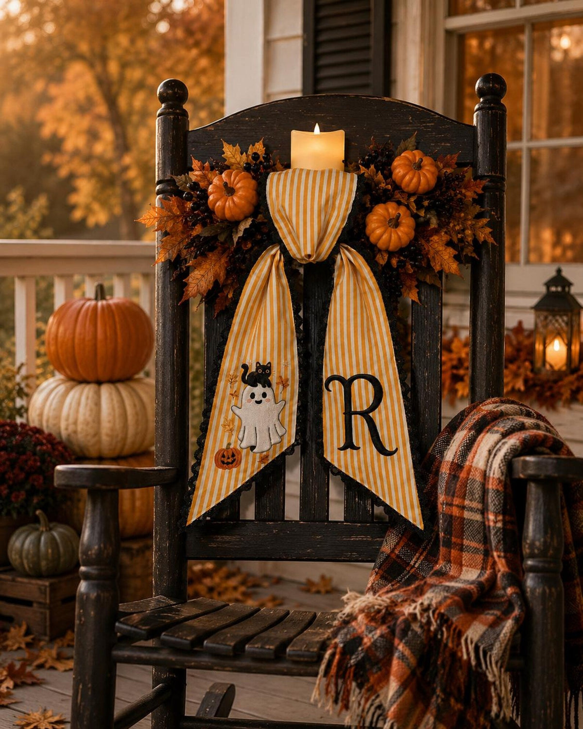 Personalized Halloween Wreath Sash - Embroidered Witch Ghost Pumpkin Decor