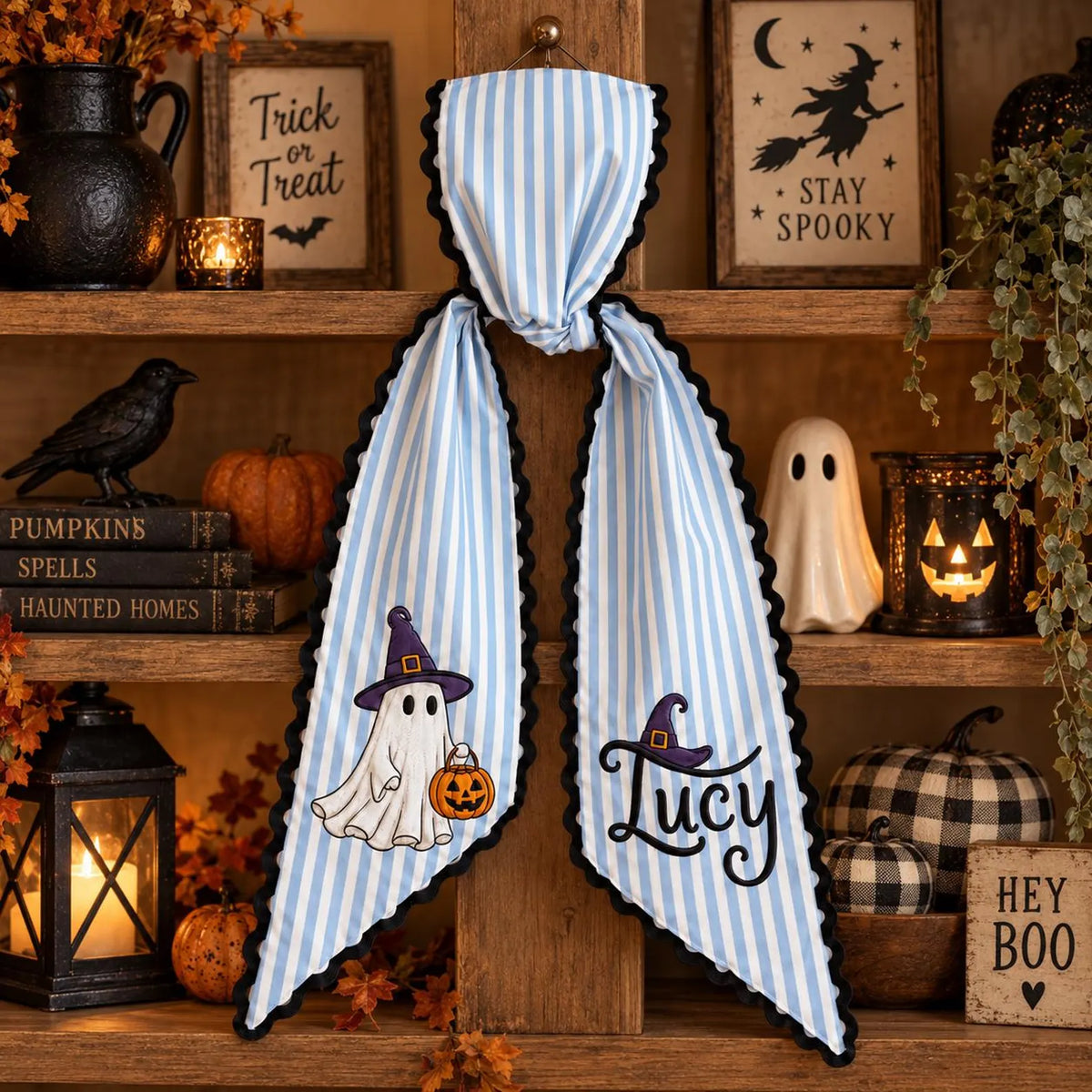Embroidered Ghost Wreath Sash - Personalized Halloween Door Decor