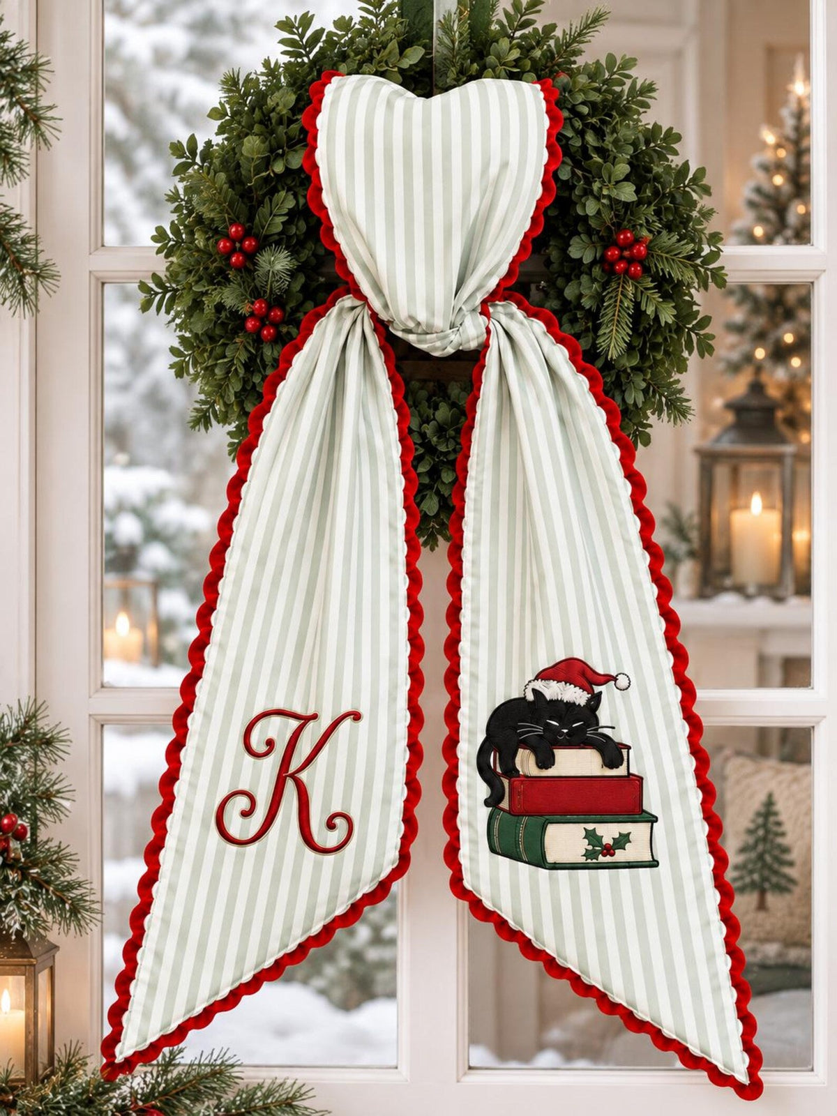 Black Cat Christmas Wreath Sash - Custom Initial Embroidery