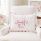 Personalized Gingham Initial Pillow - Embroidered Name Scalloped Cushion