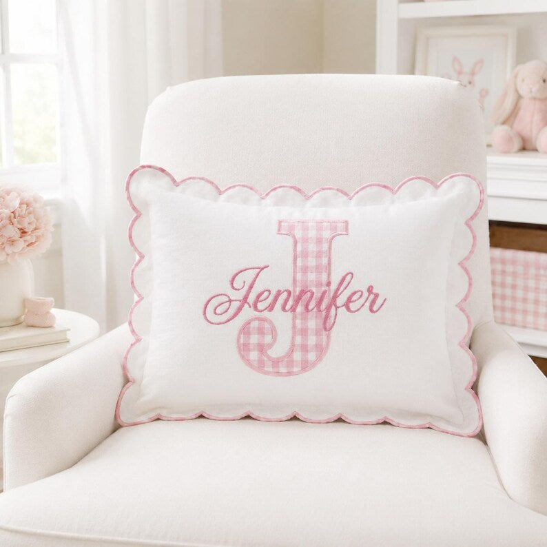 Personalized Gingham Initial Pillow - Embroidered Name Scalloped Cushion