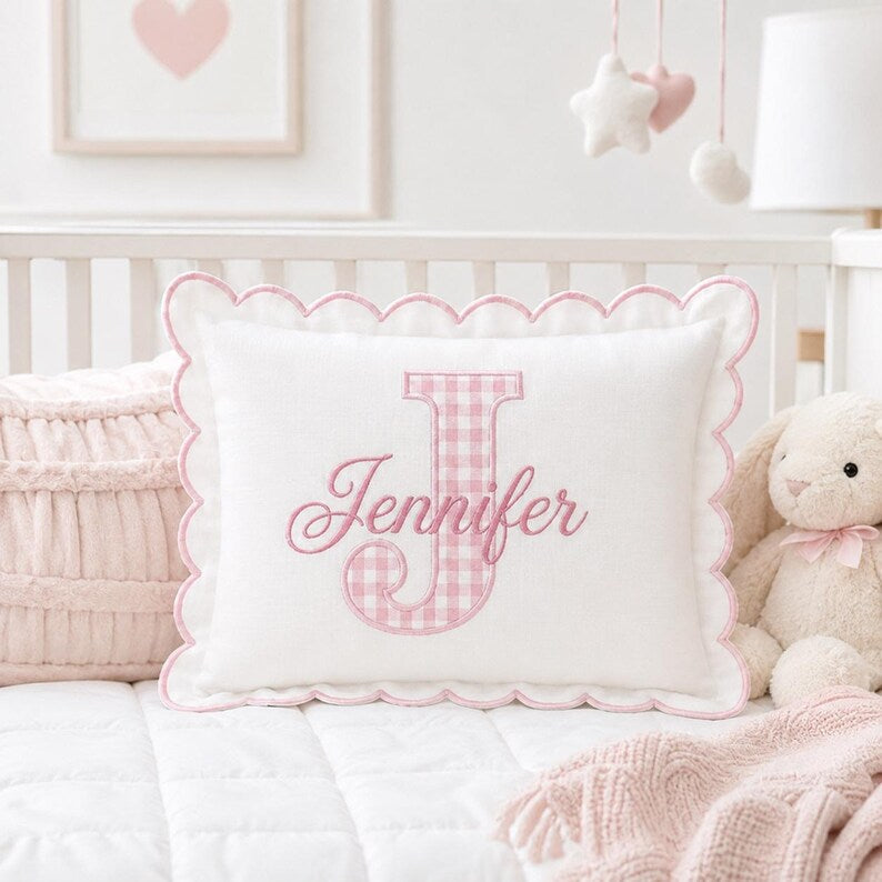 Personalized Gingham Initial Pillow - Embroidered Name Scalloped Cushion