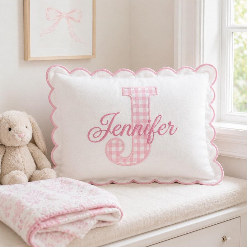 Personalized Gingham Initial Pillow - Embroidered Name Scalloped Cushion
