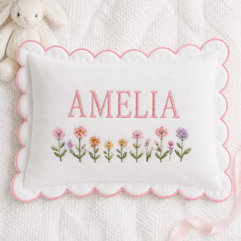 Personalized Floral Crest Baby Name Pillow - Nursery Keepsake