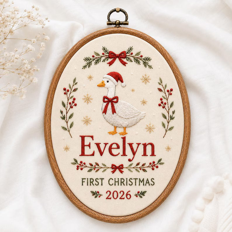 Personalized Baby’s First Christmas Goose Hoop 2026 - Embroidered Name Keepsake