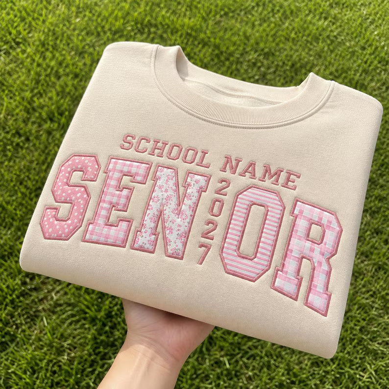 Custom College Name Sweatshirt - Floral Patchwork Applique Varsity Crewneck