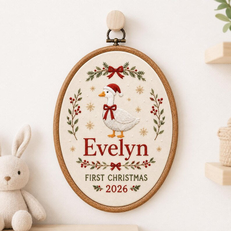 Personalized Baby’s First Christmas Goose Hoop 2026 - Embroidered Name Keepsake