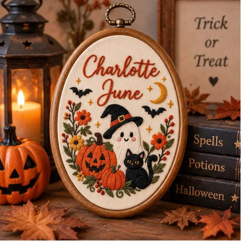 Personalized Halloween Embroidery Hoop - Ghost Pumpkin Cat Name Decor
