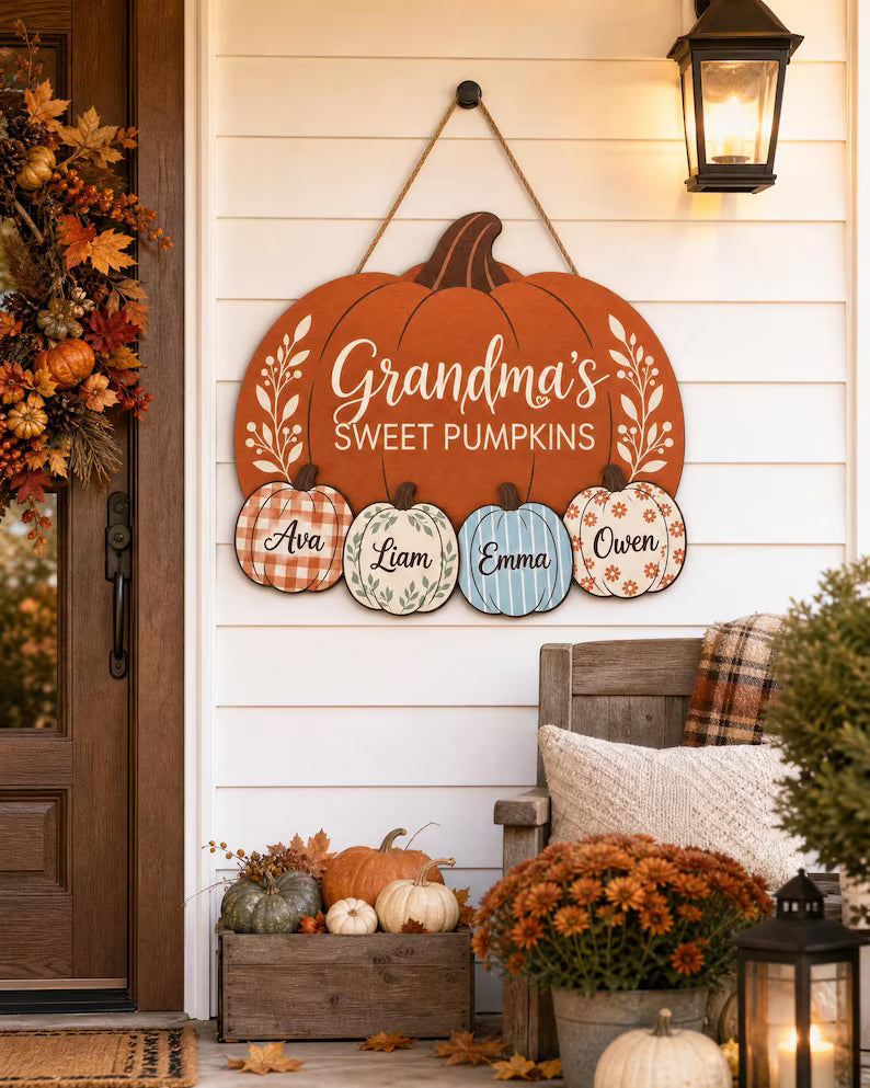 Personalized Grandma Pumpkin Sign - Grandkids Names Fall Door Hanger