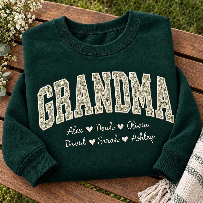 Personalized Grandma Applique Sweatshirt - Grandkids Names Floral Crewneck