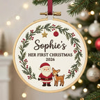 Personalized Baby’s First Christmas Ornament – Santa Reindeer Embroidered Name Hoop