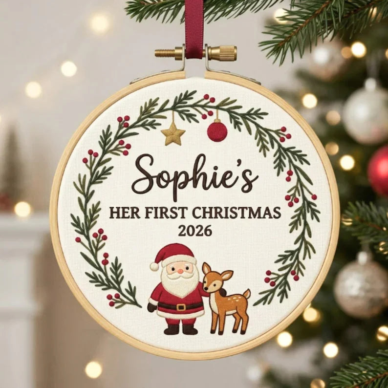 Personalized Baby’s First Christmas Ornament – Santa Reindeer Embroidered Name Hoop