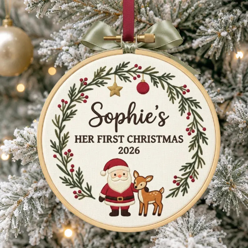 Personalized Baby’s First Christmas Ornament – Santa Reindeer Embroidered Name Hoop