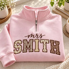 Personalized Mrs Last Name Quarter Zip - Patchwork Appliqué Teacher Sweatshirt