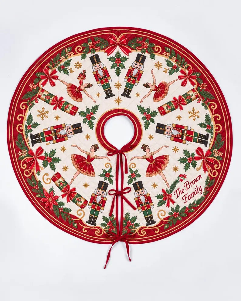 Custom Family Name Nutcracker Tree Skirt - Quilted Ballet Christmas Tree Decor