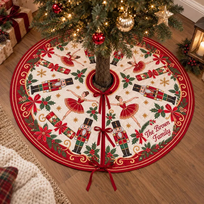 Custom Family Name Nutcracker Tree Skirt - Quilted Ballet Christmas Tree Decor