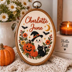 Personalized Halloween Embroidery Hoop - Ghost Pumpkin Cat Name Decor