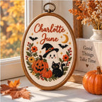 Personalized Halloween Embroidery Hoop - Ghost Pumpkin Cat Name Decor