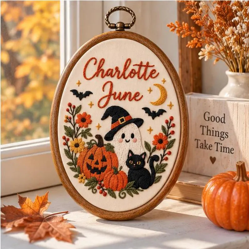 Personalized Halloween Embroidery Hoop - Ghost Pumpkin Cat Name Decor