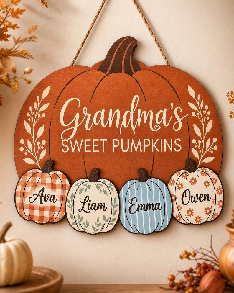 Personalized Grandma Pumpkin Sign - Grandkids Names Fall Door Hanger
