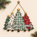 Personalized Family Christmas Tree Sign - Plaid Gingham Wooden Door Hanger