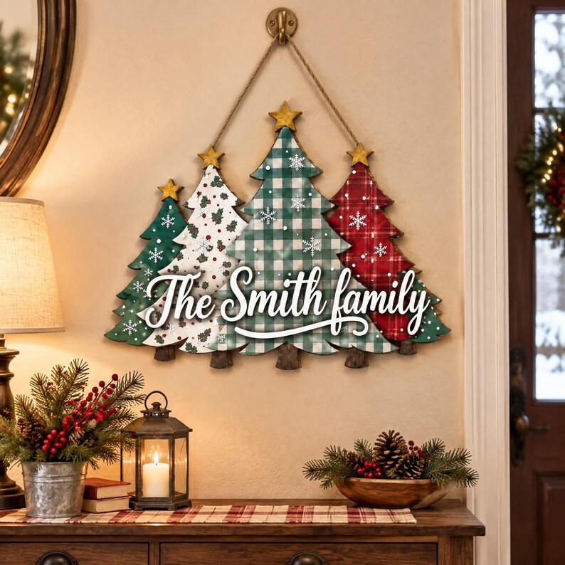 Personalized Family Christmas Tree Sign - Plaid Gingham Wooden Door Hanger