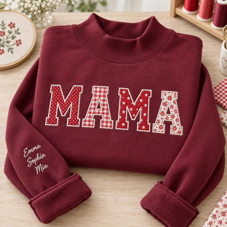 Personalized Mama Sweatshirt - Kids Names Sleeve Applique Crewneck