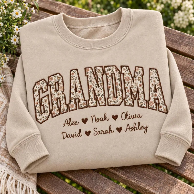 Personalized Grandma Applique Sweatshirt - Grandkids Names Floral Crewneck