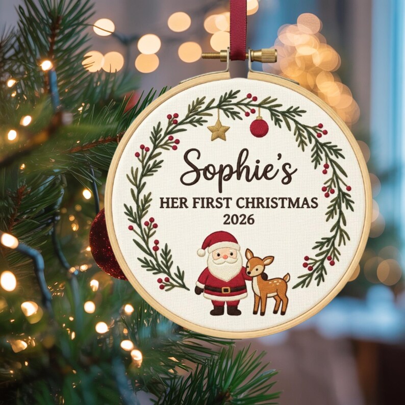 Personalized Baby’s First Christmas Ornament – Santa Reindeer Embroidered Name Hoop