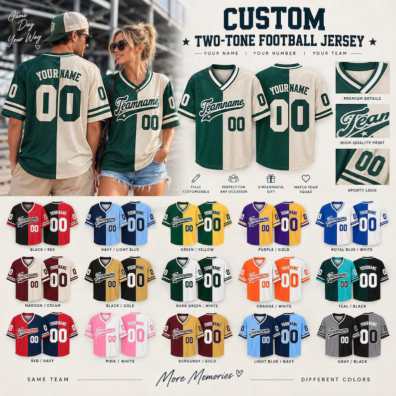 Custom Two-Tone Football Jersey - Personalized Split Color Name & Number Shirt